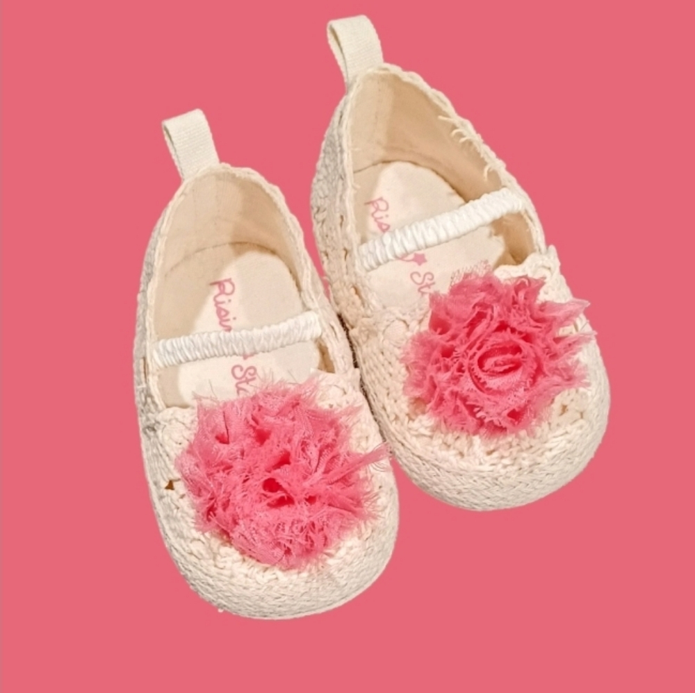Rising Star Pink Flower Beige 9-12M Baby Girls Toddler Crib Slip On Shoes GUC PO